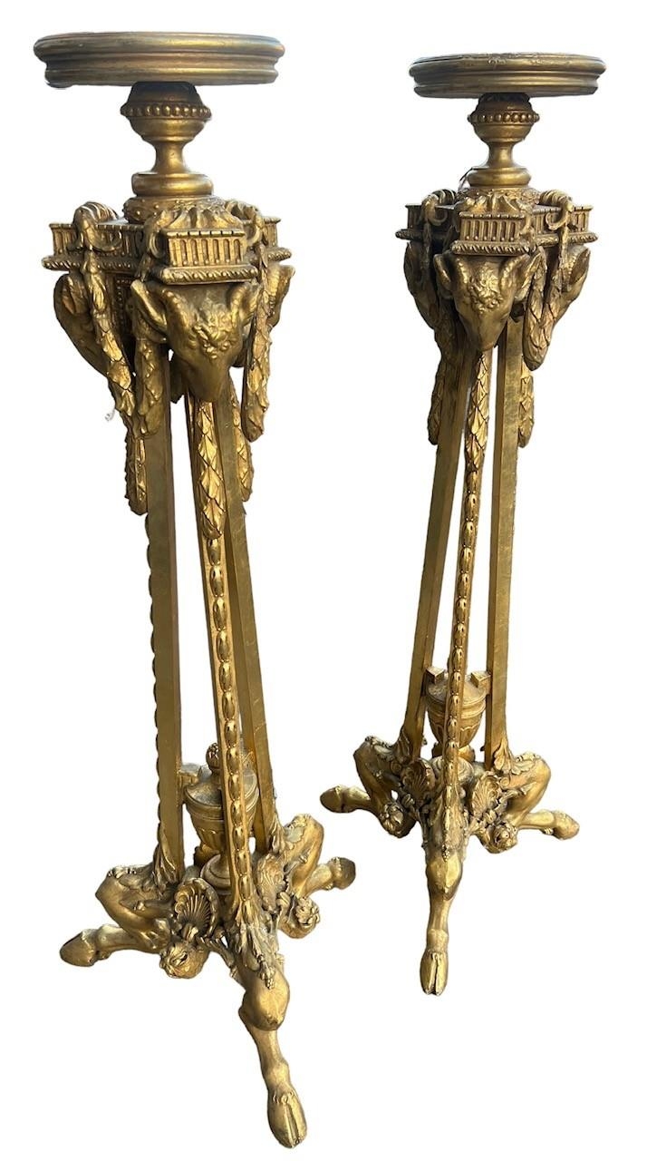 MANNER OF ROBERT ADAM, A PAIR OF 19TH CENTURY NEOCLASSICAL DESIGN CARVED GILTWOOD TORCHERE STANDS - Image 2 of 6