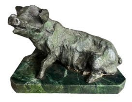 A DECORATIVE 20TH CENTURY BRONZE SCULPTURE OF A SEATED PIG Raised on a marble plinth base,