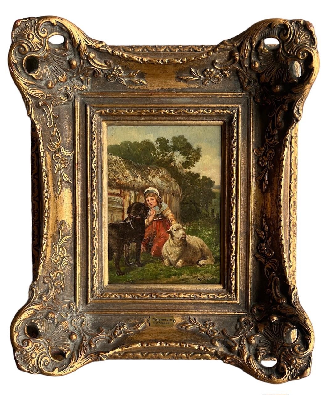 JAN WALRAVEN, DUTCH, 1827 - 1863, 19TH CENTURY OIL ON PANEL Farmyard scene, a young shepherdess with - Image 3 of 4