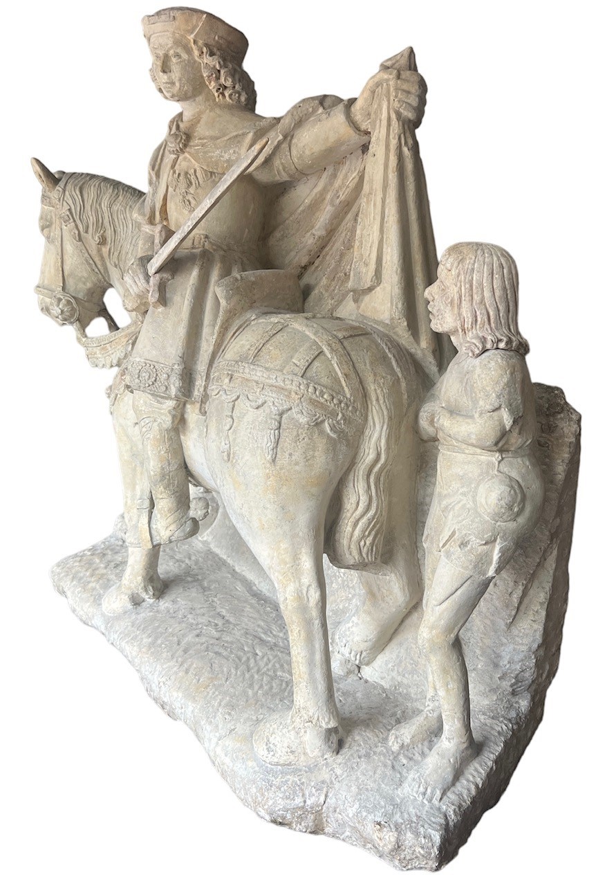 A LARGE RARE EARLY 16TH CENTURY FRENCH CARVED LIMESTONE GROUP, St. Martin on horseback sharing a - Image 13 of 15