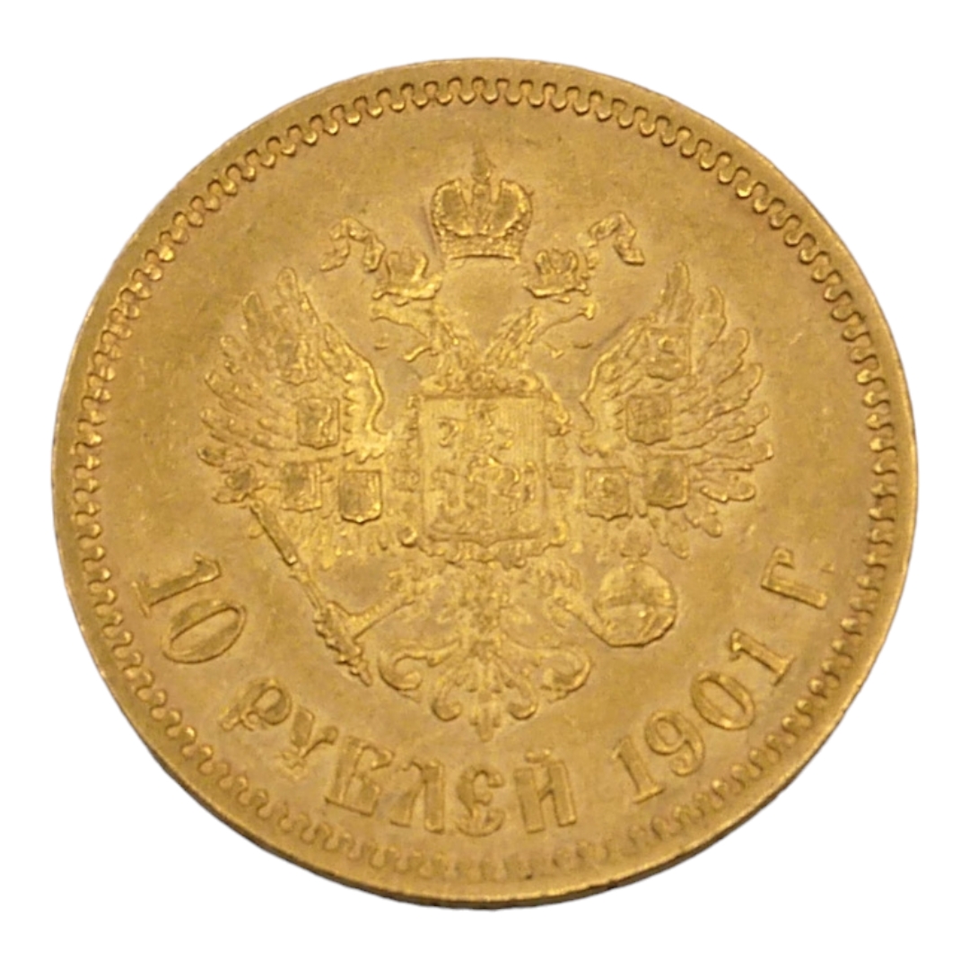 AN EARLY 20TH CENTURY RUSSIAN, 21CT GOLD NICOLAS II 10 ROUBLES COIN, DATED 1901. (diameter 22.5mm, - Image 2 of 2