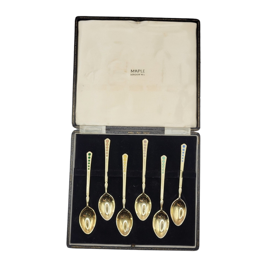 TURNER & SIMPSON LTD, A CASED SET OF SIX SILVER GILT & ENAMEL TEASPOONS, HALLMARKED BIRMINGHAM, 1954