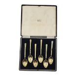 TURNER & SIMPSON LTD, A CASED SET OF SIX SILVER GILT & ENAMEL TEASPOONS, HALLMARKED BIRMINGHAM, 1954