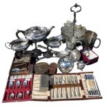 A COLLECTION OF VICTORIAN AND LATER SILVER PLATED ITEMS, COMPRISING TEA SET, CRUET SET, BOXED