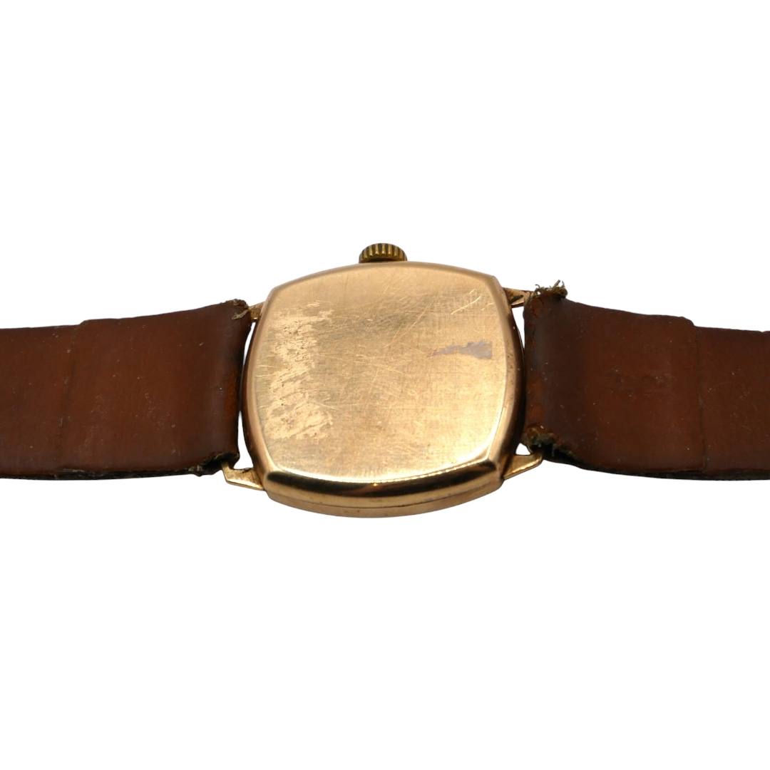 KERED, FRENCH, A VINTAGE 9CT GOLD CASED WRISTWATCH Having silver dial, gold toned Arabic numeral - Image 2 of 3