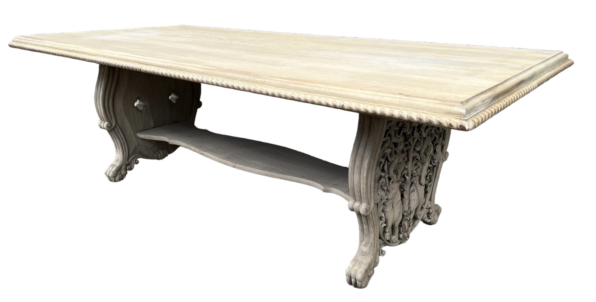 A LARGE DECORATIVE LIME OAK CARVED REFECTORY TABLE The large plank top support on carved and pierc - Image 4 of 6