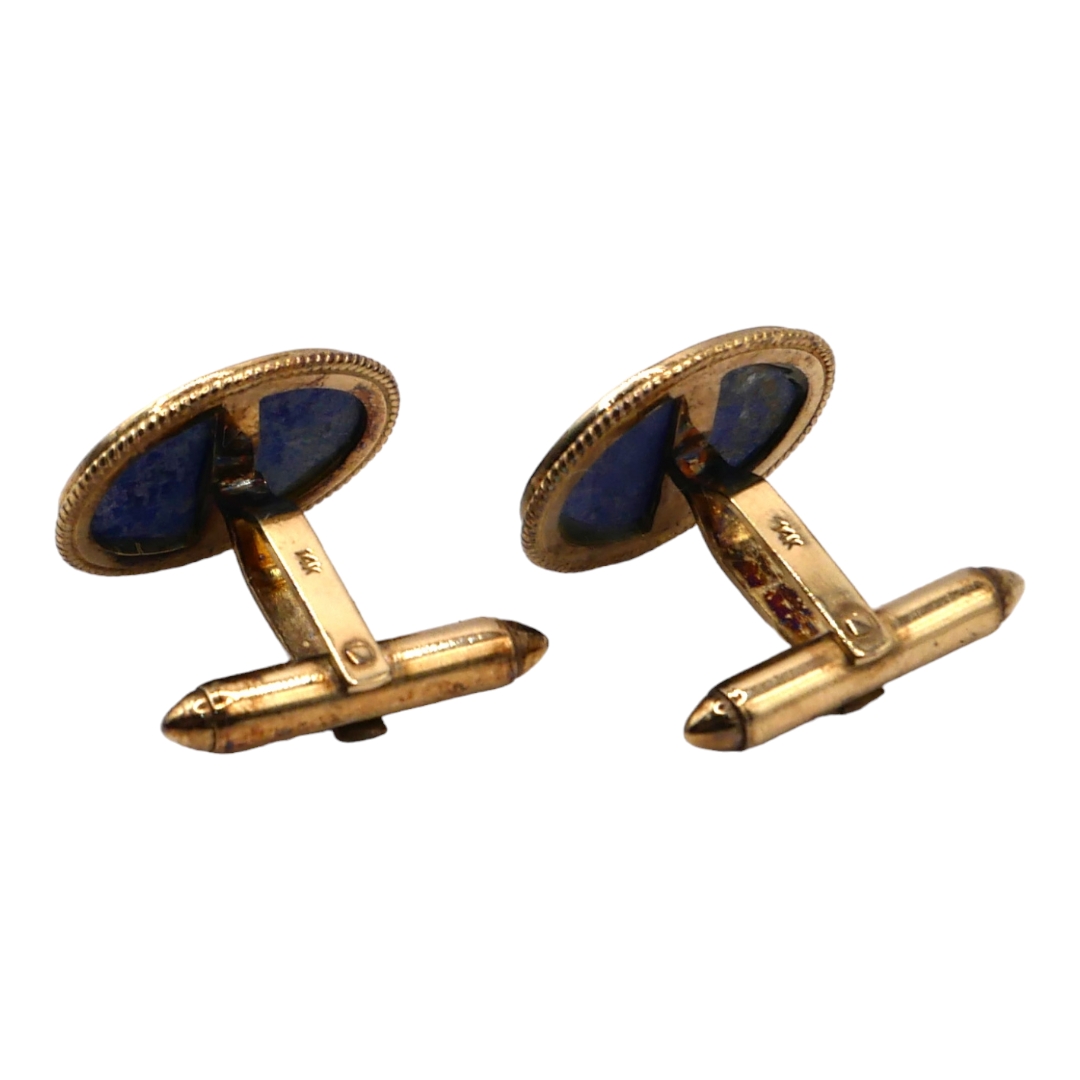 A VINTAGE 14CT GOLD AND LAPIS LAZULI OVAL CUFFLINKS Polished flat cut oval Lapis Lazuli insert, held - Image 2 of 2