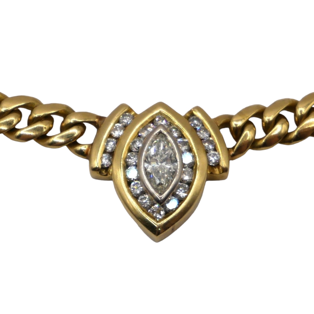 A VINTAGE 18CT YELLOW GOLD AND DIAMOND NECKLACE Having central marquise cut diamond (approx. 7mm x - Image 3 of 4