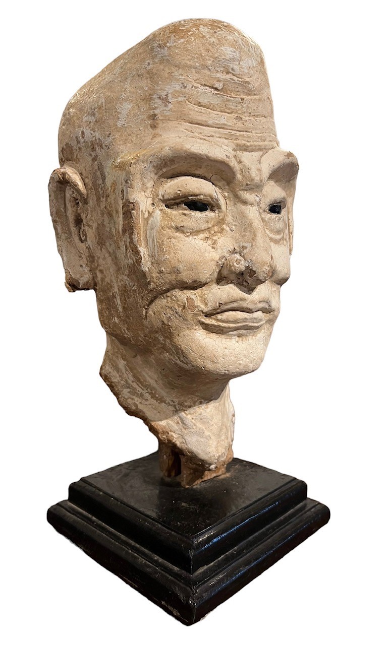A CHINESE MING PERIOD TERRACOTTA Polychrome painted head of a Luohan with polished stone inset eyes, - Image 2 of 7
