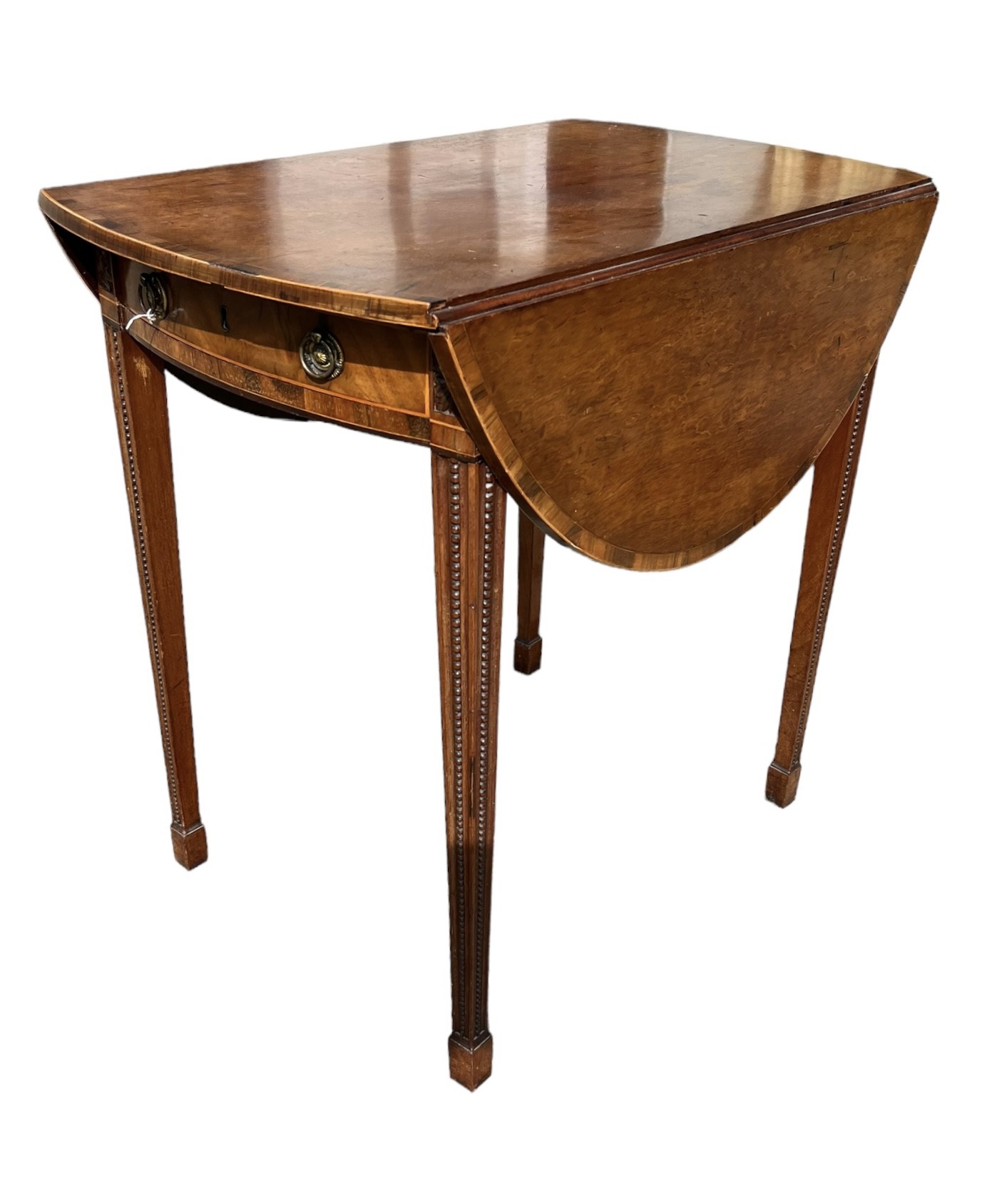 A GEORGE III CARVED MAHOGANY AND INLAID OVAL PEMBROKE TABLE With single drawer raised on square - Image 2 of 5