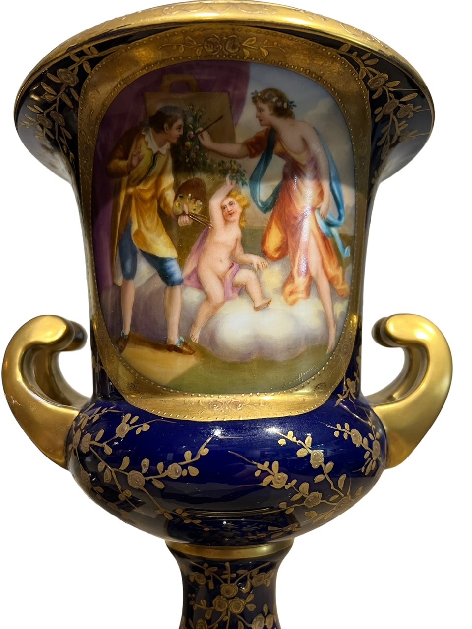 ACKERMANN & FRITZE, A PAIR OF EARLY 20TH ENTURY VIENNA STYLE TWIN HANDLED PORCELAIN URNS Decorated - Image 4 of 11