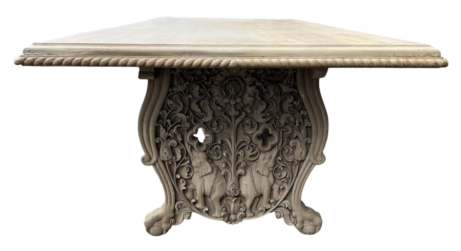 A LARGE DECORATIVE LIME OAK CARVED REFECTORY TABLE The large plank top support on carved and pierc - Image 3 of 6