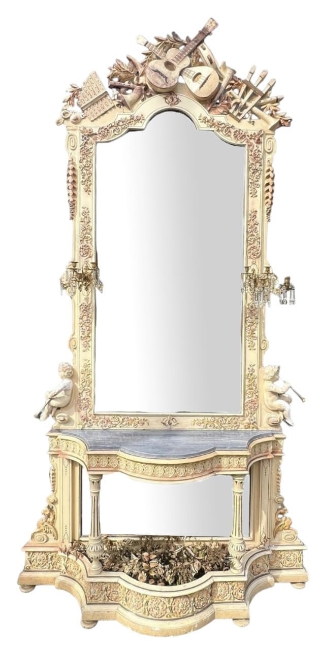 A LARGE AND IMPRESSIVE PAIR OF 19TH CENTURY PAINTED CARVED WOOD AND GESSO CONSOLE TABLES AND MIRRORS - Image 4 of 7