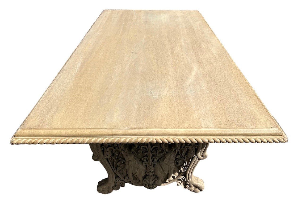 A LARGE DECORATIVE LIME OAK CARVED REFECTORY TABLE The large plank top support on carved and pierc - Image 6 of 6