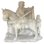 A LARGE RARE EARLY 16TH CENTURY FRENCH CARVED LIMESTONE GROUP, St. Martin on horseback sharing a