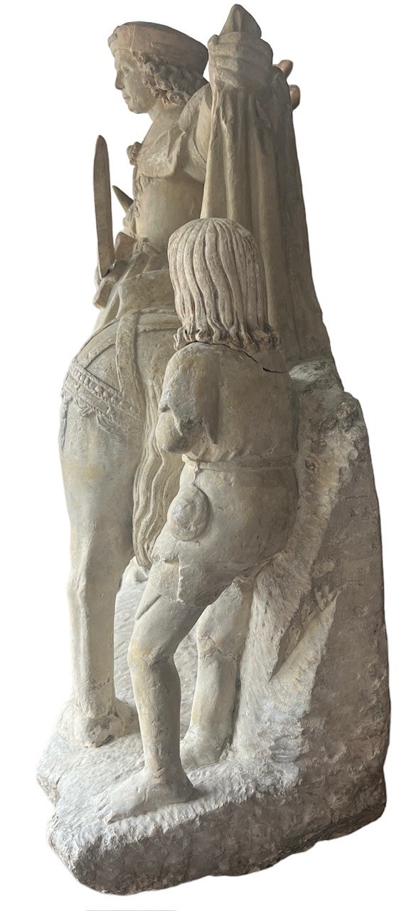 A LARGE RARE EARLY 16TH CENTURY FRENCH CARVED LIMESTONE GROUP, St. Martin on horseback sharing a - Image 12 of 15