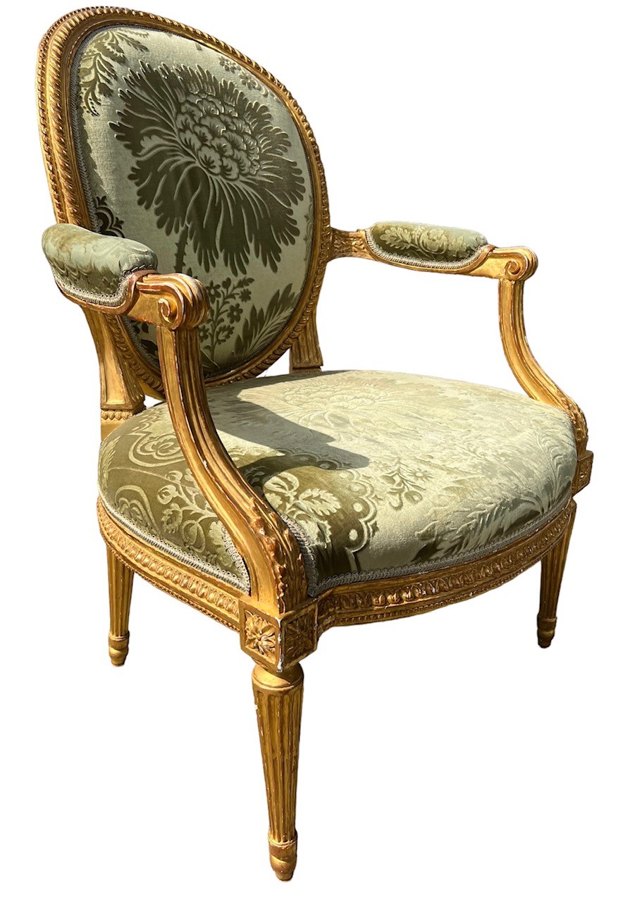 LOUIS DELANOIS, AN 18TH CENTURY FRENCH LOUIS XVI CARVED GILTWOOD ARMCHAIR With oval padded back, - Image 3 of 8
