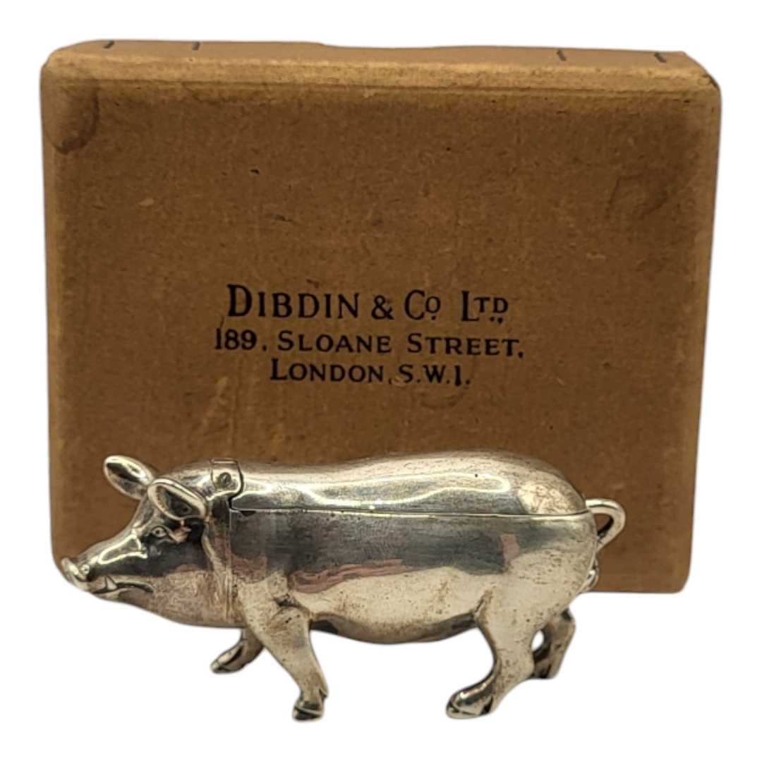 JOSEPH BRAHAM. A FINE 19TH CENTURY VICTORIAN NOVELTY MUSTARD POT IN THE FORM OF A PIG, HALLMARKED