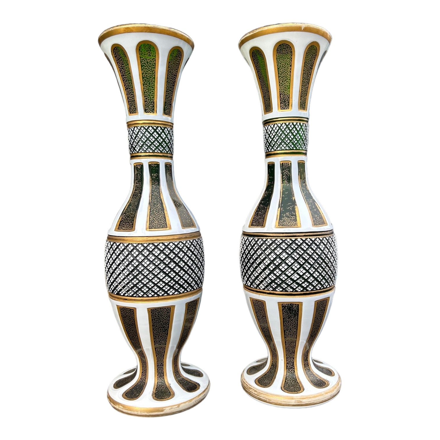 A PAIR OF LATE 19TH/EARLY 20TH CENTURY BOHEMIAN GLASS VASES Having green ground body with white - Image 3 of 3