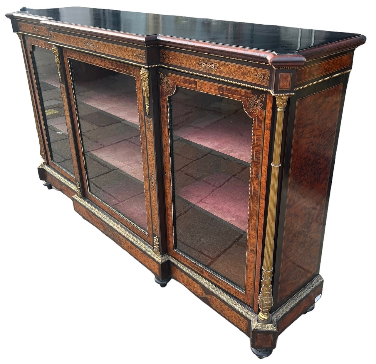 EDWARDS AND ROBERTS, A LARGE 19TH CENTURY VICTORIAN EBONISED BURR WALNUT AND AMBOYNA INLAID AND GILT - Image 2 of 6