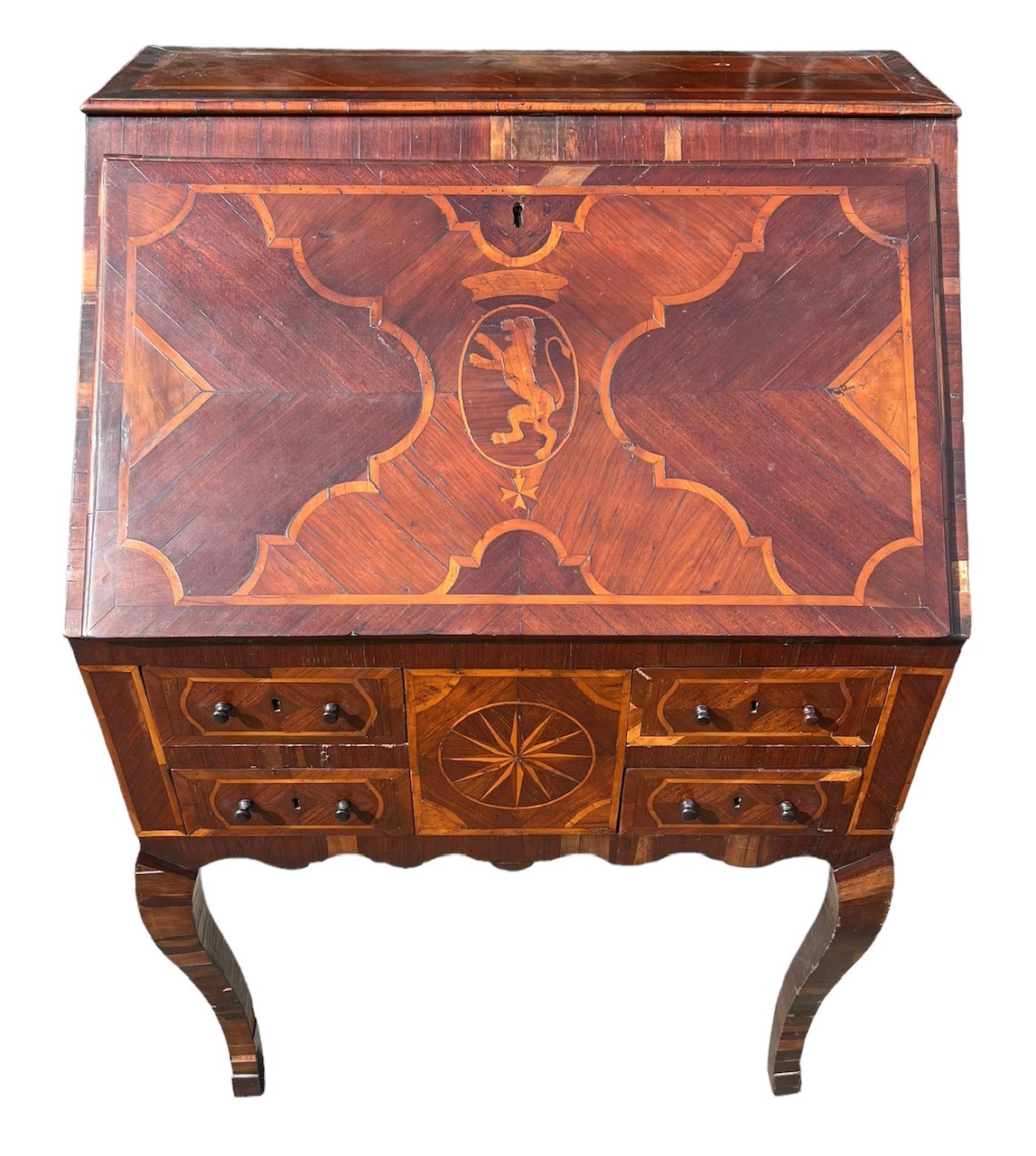 AN 18TH CENTURY MALTESE WALNUT AND MARQUETRY INLAID WRITING BUREAU The fall front opening to