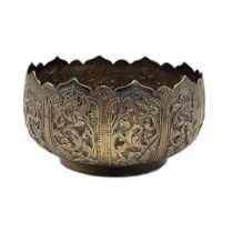 A LATE 19TH/EARLY 20TH CENTURY ANGLO INDIAN SILVER BOWL Having panelled repoussé, chased, floral and