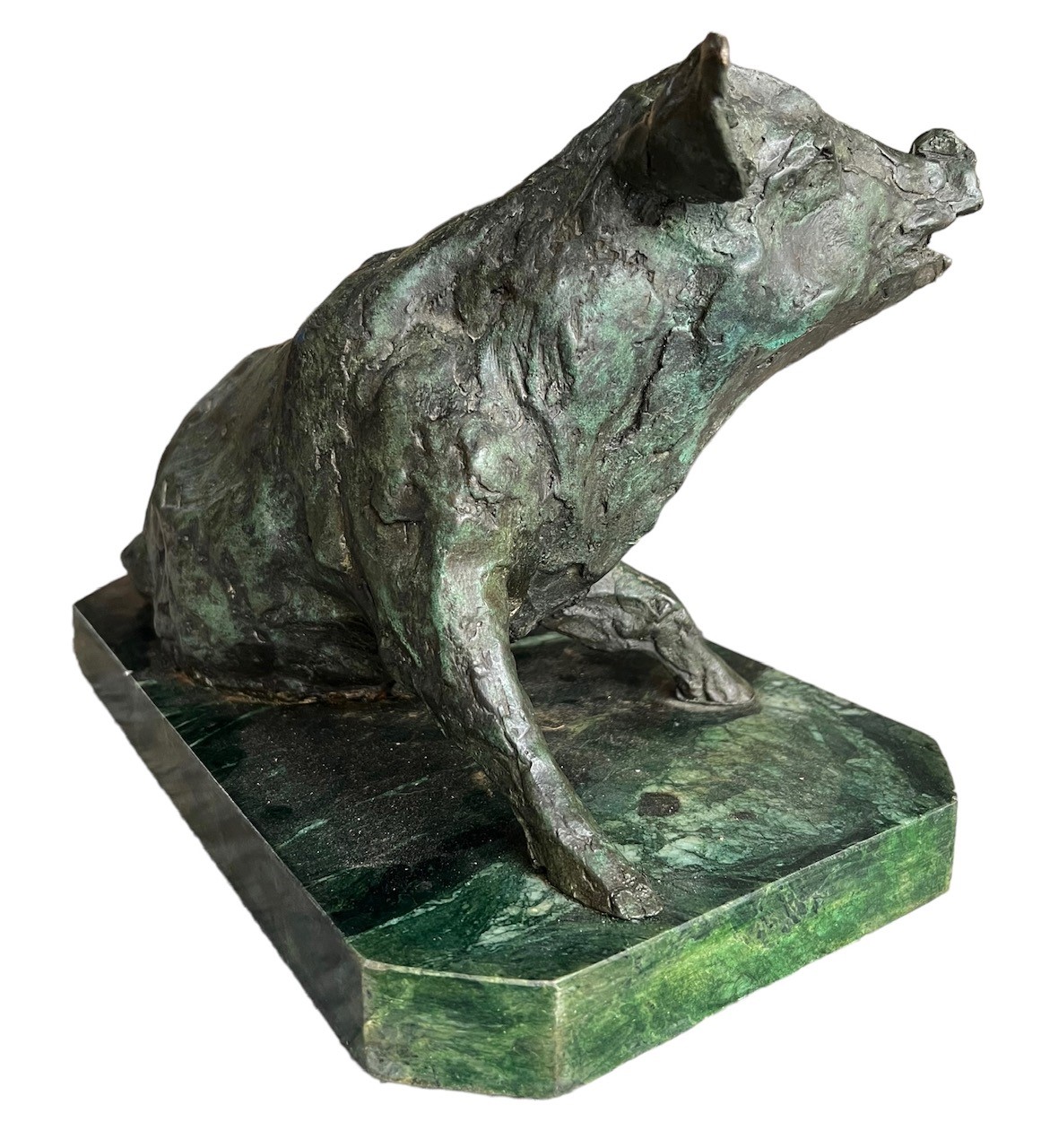 A DECORATIVE 20TH CENTURY BRONZE SCULPTURE OF A SEATED PIG Raised on a marble plinth base, - Image 7 of 8