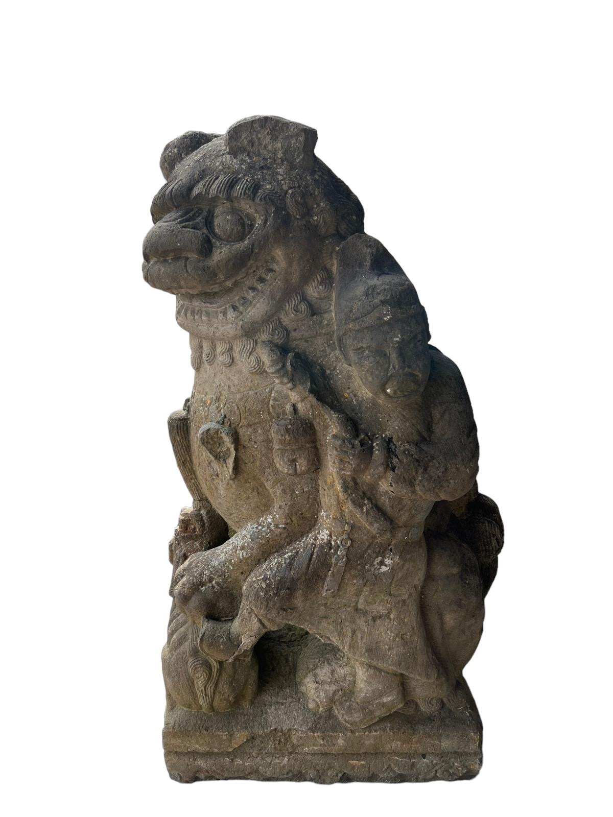 A LARGE RARE PAIR OF CHINESE 15TH CENTURY CARVED STONE MING DYNASTY YONGLE PERIOD BUDDHIST LIONS - Image 4 of 20