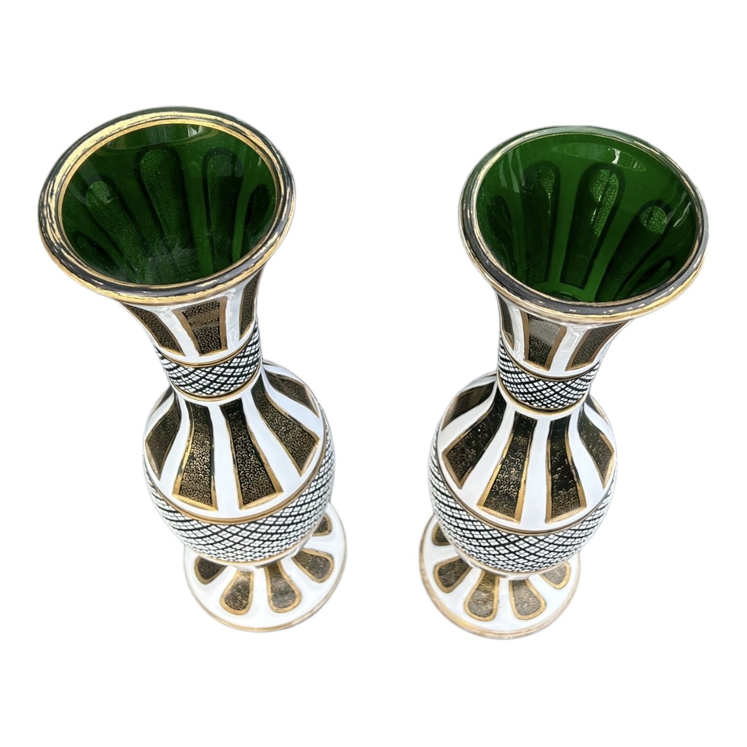 A PAIR OF LATE 19TH/EARLY 20TH CENTURY BOHEMIAN GLASS VASES Having green ground body with white - Image 2 of 3
