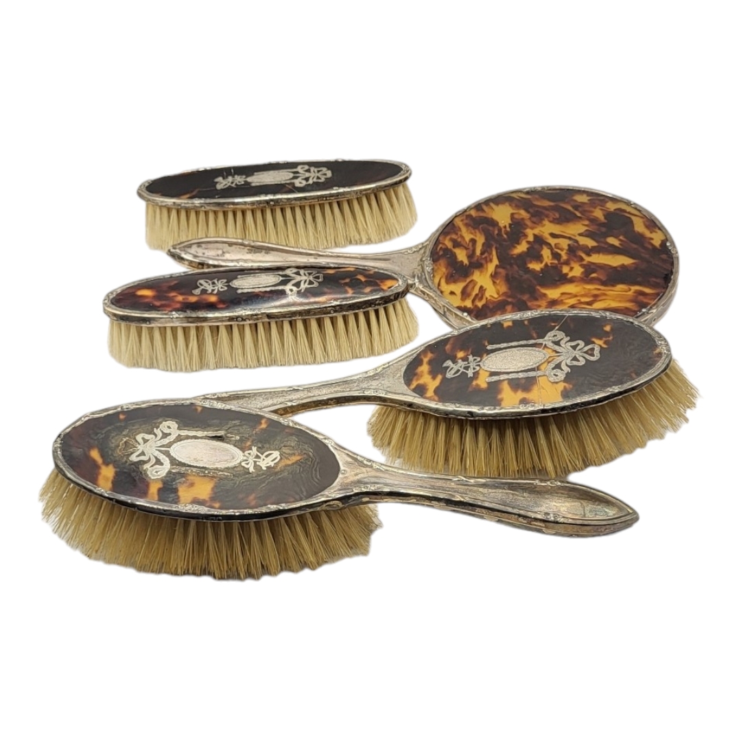 CORKE BROTHERS & CO., AN EDWARDIAN STYLE SILVER AND TORTOISESHELL FIVE PIECE VANITY SET, - Image 3 of 6