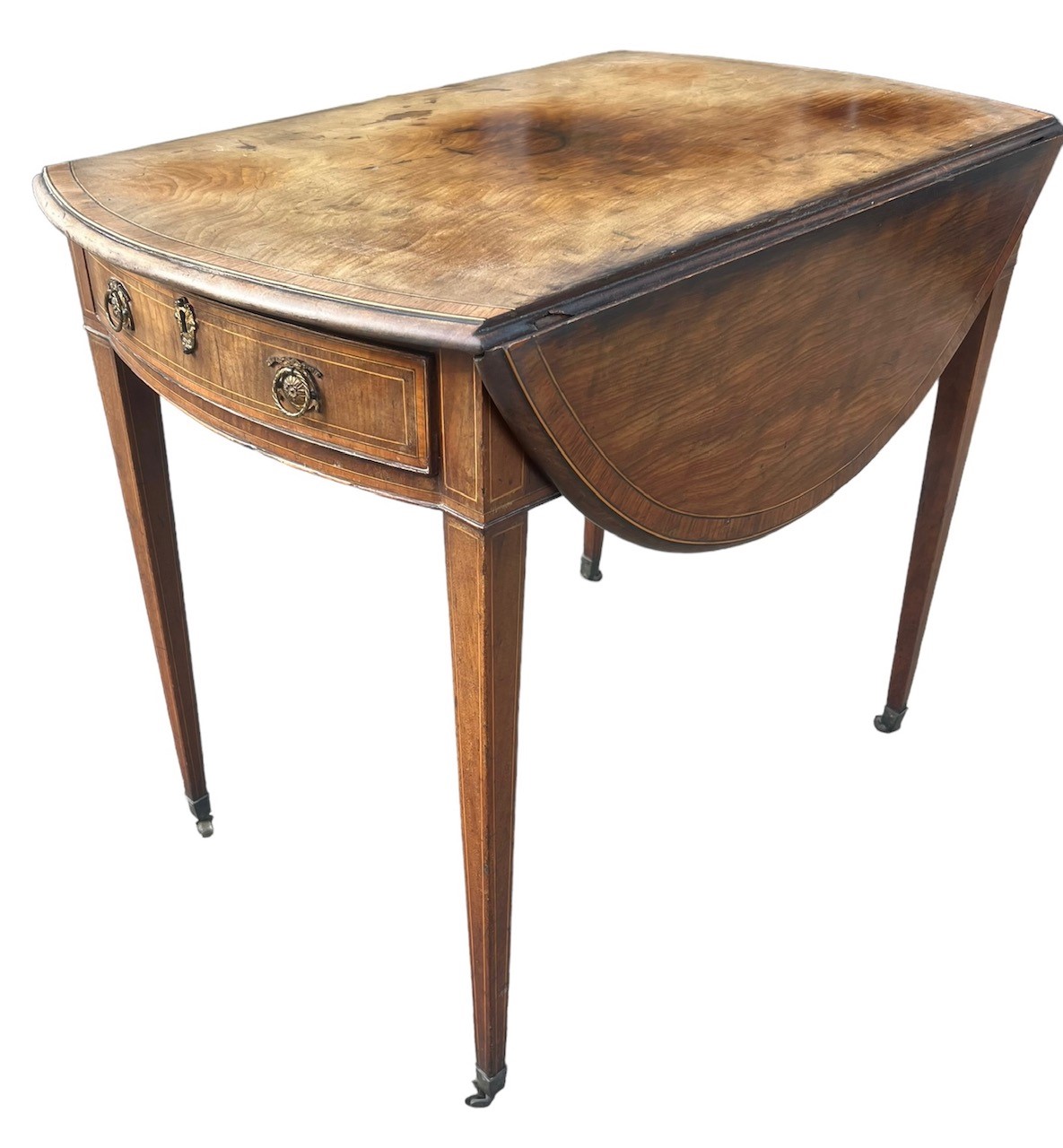 A GEORGE III MAHOGANY AND INLAID OVAL PEMBROKE TABLE With single drawer, raised on square tapering - Image 3 of 4