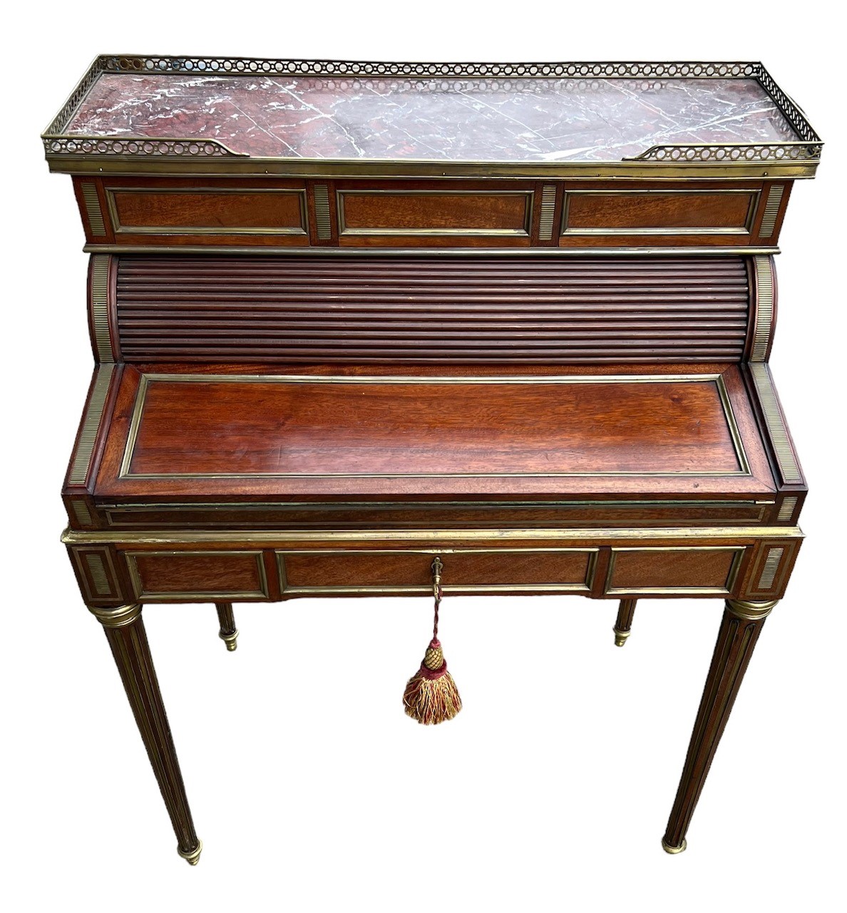 A 19TH CENTURY FRENCH LADIES’ MAHOGANY AND GILT METAL MOUNTED WRITING BUREAU DESK Having a