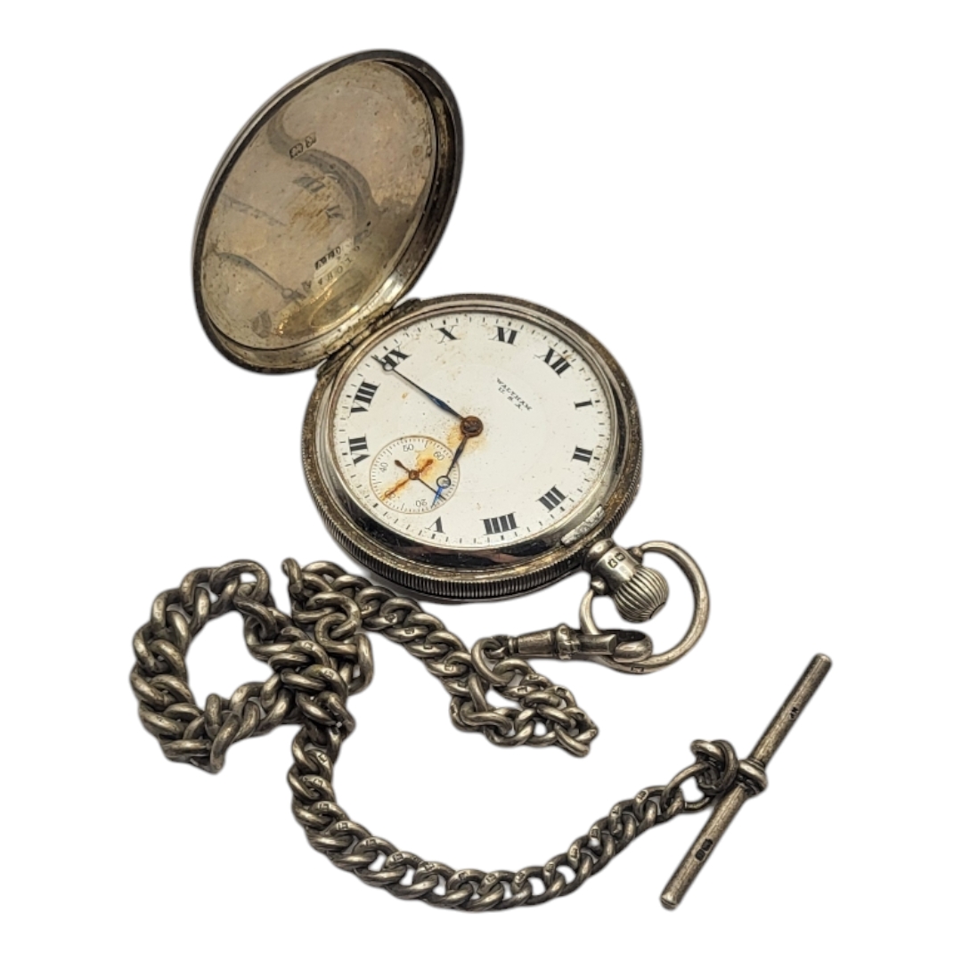 AMERICAN WALTHAM WATCH CO., MASSACHUSETTS, A SILVER DOUBLE HUNTER WALTHAM POCKET WATCH & SILVER - Image 2 of 4