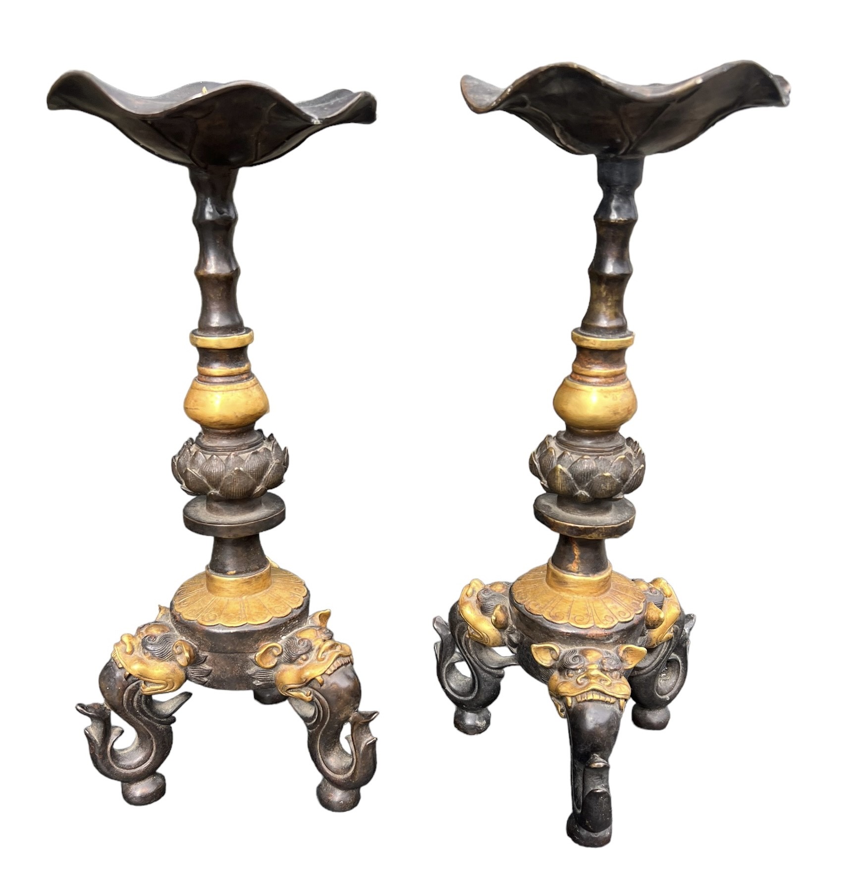 A PAIR OF CHINESE GILT BRONZE TABLE PRICKET STANDS The columns decorated with Lotus Leaf above three - Image 2 of 7