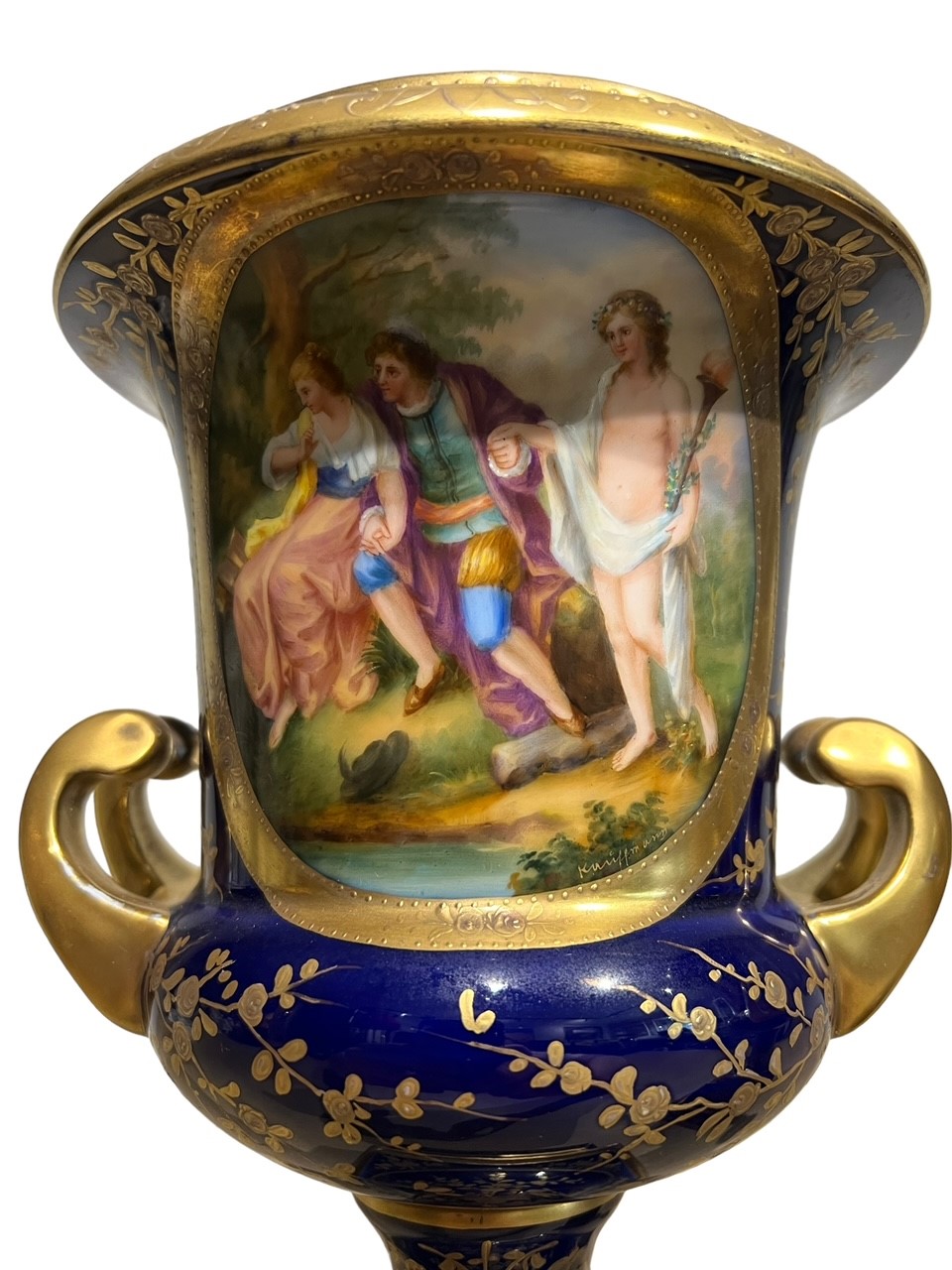 ACKERMANN & FRITZE, A PAIR OF EARLY 20TH ENTURY VIENNA STYLE TWIN HANDLED PORCELAIN URNS Decorated - Image 3 of 11