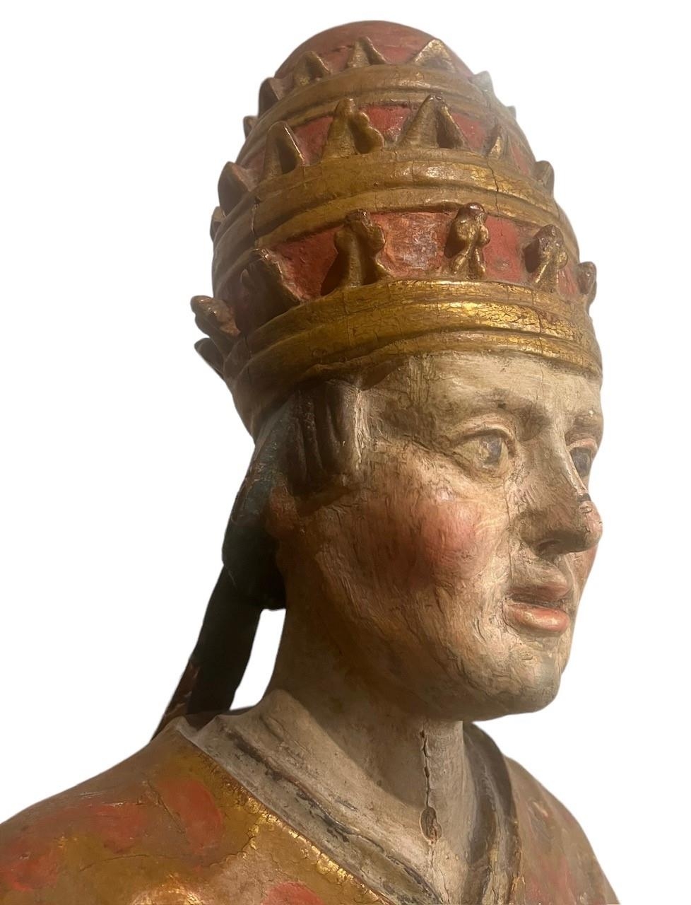 A LARGE 16TH/17TH CENTURY CARVED WOOD POLYCHROME AND GILDED STATUE OF A POPEWearing the triple - Image 7 of 9