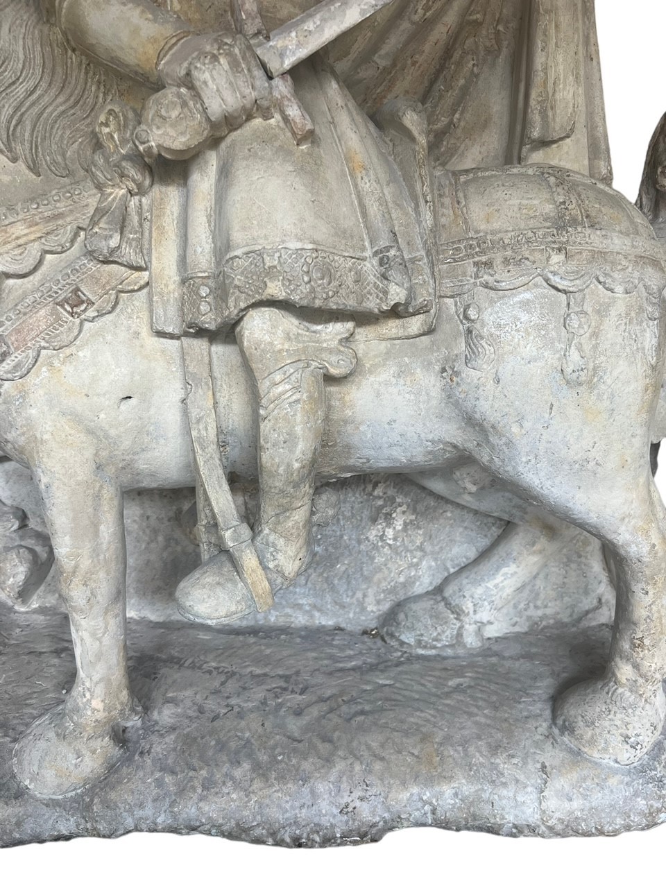 A LARGE RARE EARLY 16TH CENTURY FRENCH CARVED LIMESTONE GROUP, St. Martin on horseback sharing a - Image 4 of 15