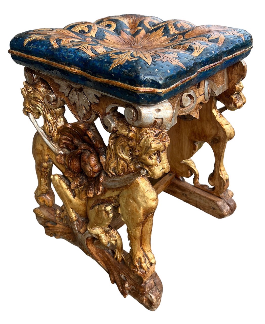 A 19TH CENTURY ITALIAN CARVED GILTWOOD AND PAINTED STOOL The solid cousin from seat with floral - Image 5 of 6