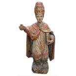 A LARGE 16TH/17TH CENTURY CARVED WOOD POLYCHROME AND GILDED STATUE OF A POPEWearing the triple