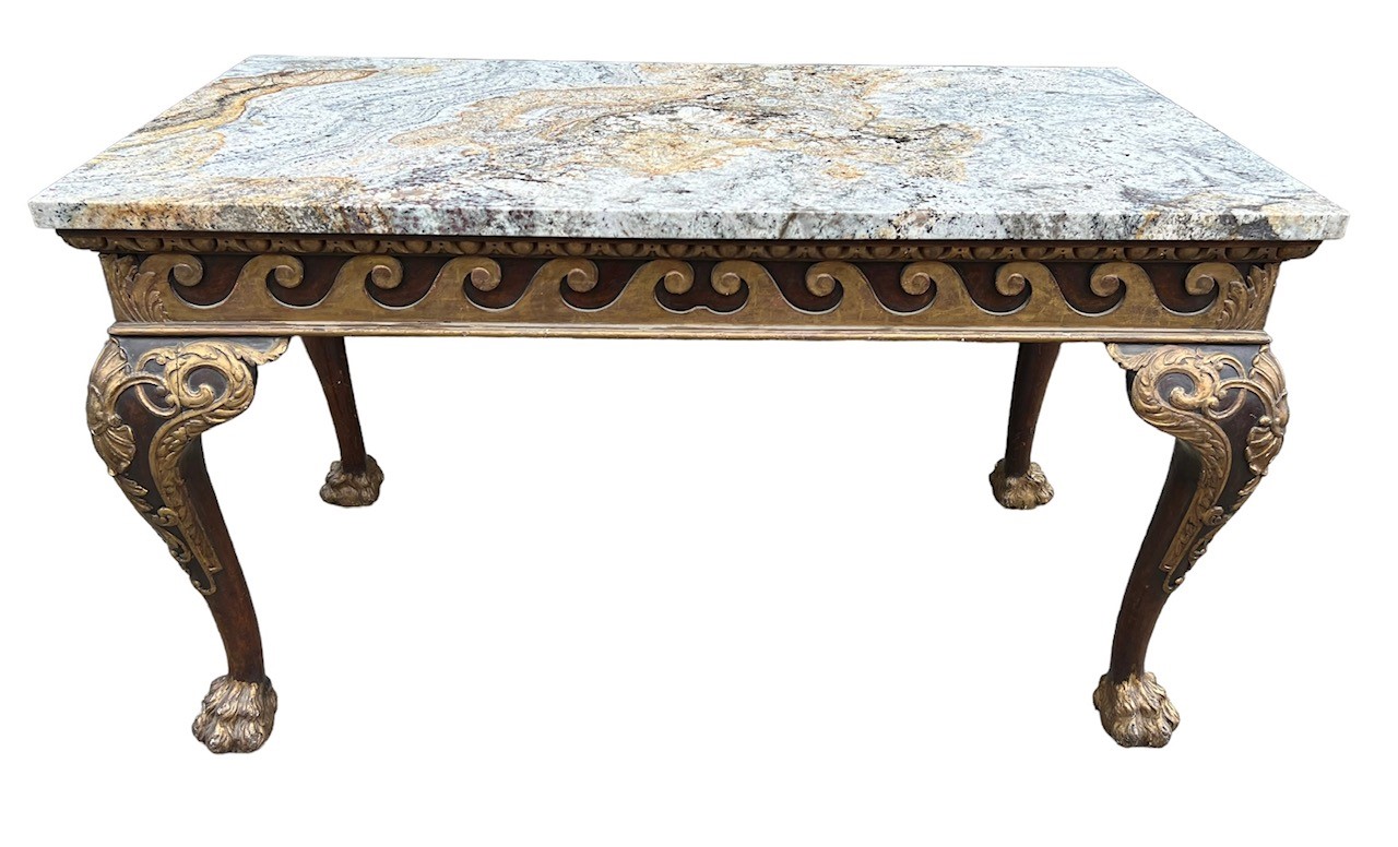 MANNER OF WILLIAM KENT, AN 18TH CENTURY CARVED WALNUT AND PARCEL GILT CENTRE TABLE The coloured - Image 3 of 39