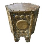 A LARGE ANTIQUE PIERCED CHASED AND ETCHED BRASS ISLAMIC KORAN COFFEE TABLE. (h 70cm x diameter 56cm)