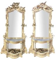 A LARGE AND IMPRESSIVE PAIR OF 19TH CENTURY PAINTED CARVED WOOD AND GESSO CONSOLE TABLES AND MIRRORS