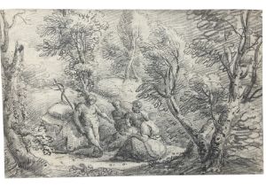AN 18TH CENTURY ENGLISH GRAPHITE DRAWING, STUDY OF ST. JOHN THE BAPTIST AND THE HOLY FAMILY IN A