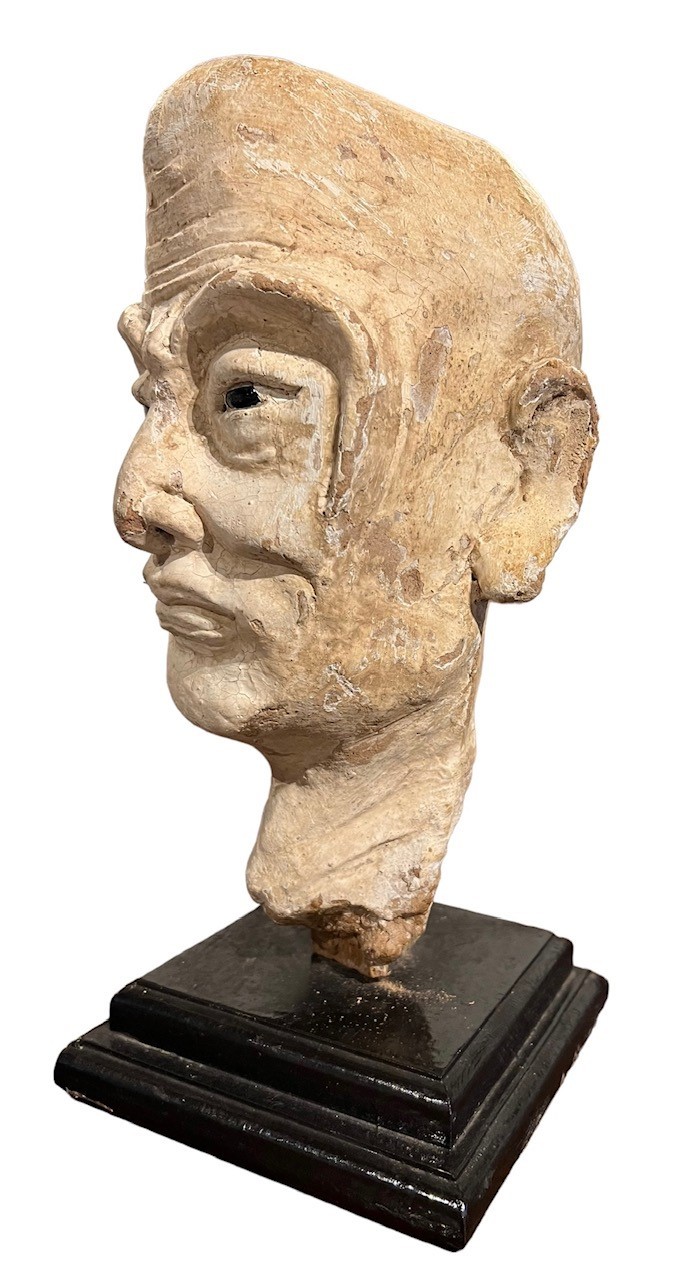 A CHINESE MING PERIOD TERRACOTTA Polychrome painted head of a Luohan with polished stone inset eyes, - Image 3 of 7