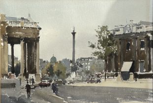 JOHN YARDLEY, R.I., B. 1933, WATERCOLOUR Street scene, Trafalgar Square, London, signed lower right,