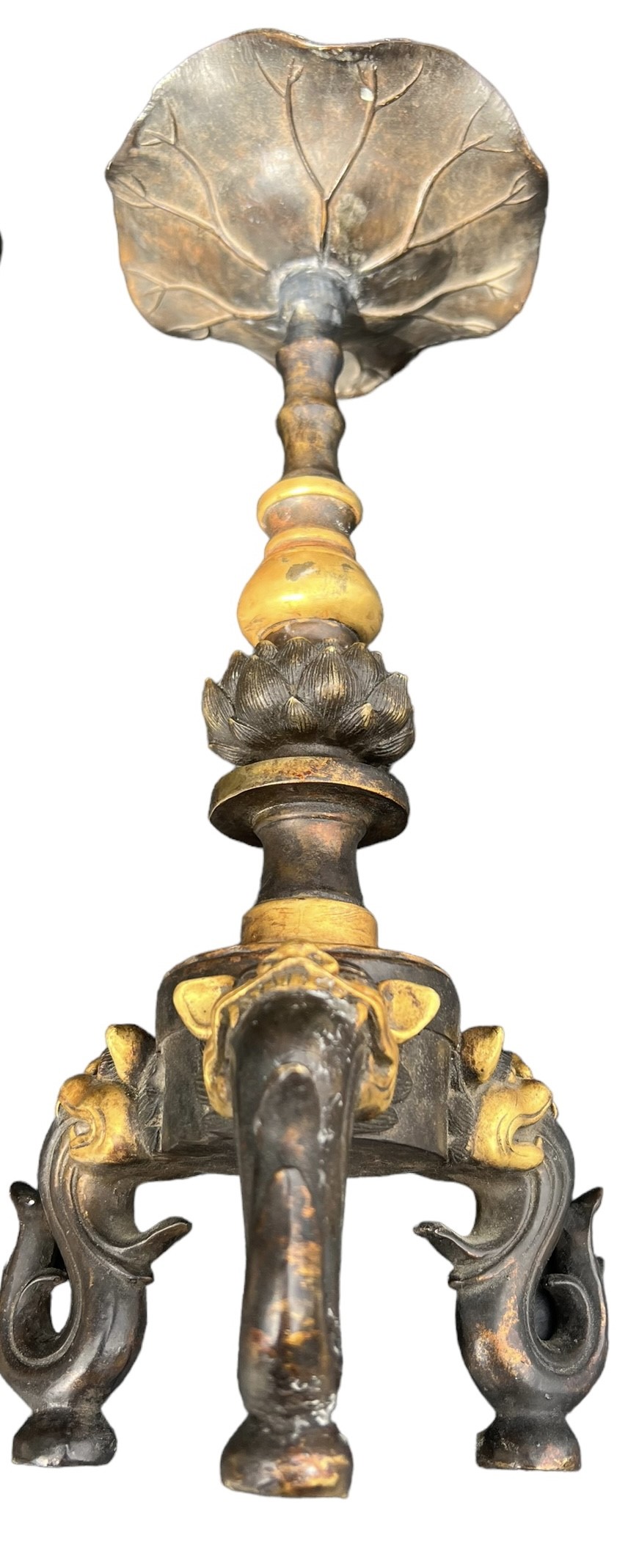 A PAIR OF CHINESE GILT BRONZE TABLE PRICKET STANDS The columns decorated with Lotus Leaf above three - Image 7 of 7