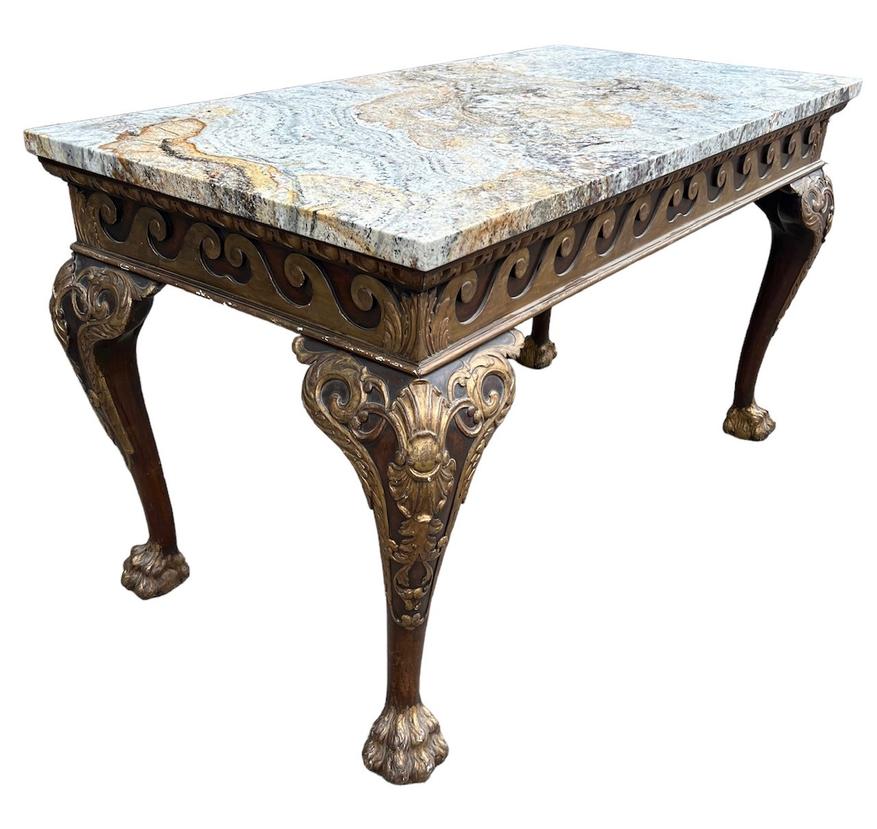 MANNER OF WILLIAM KENT, AN 18TH CENTURY CARVED WALNUT AND PARCEL GILT CENTRE TABLE The coloured - Image 2 of 39