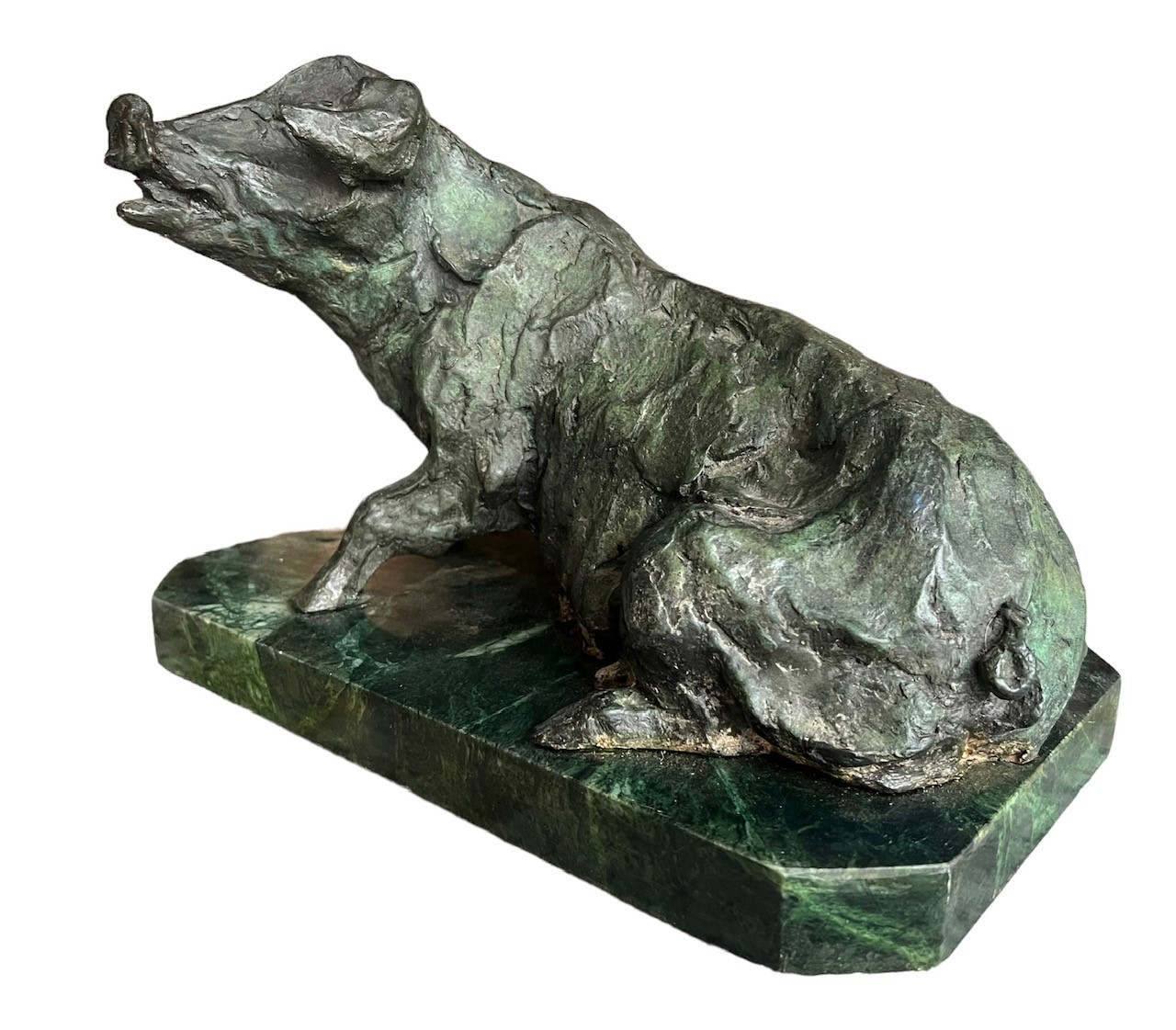 A DECORATIVE 20TH CENTURY BRONZE SCULPTURE OF A SEATED PIG Raised on a marble plinth base, - Image 3 of 8