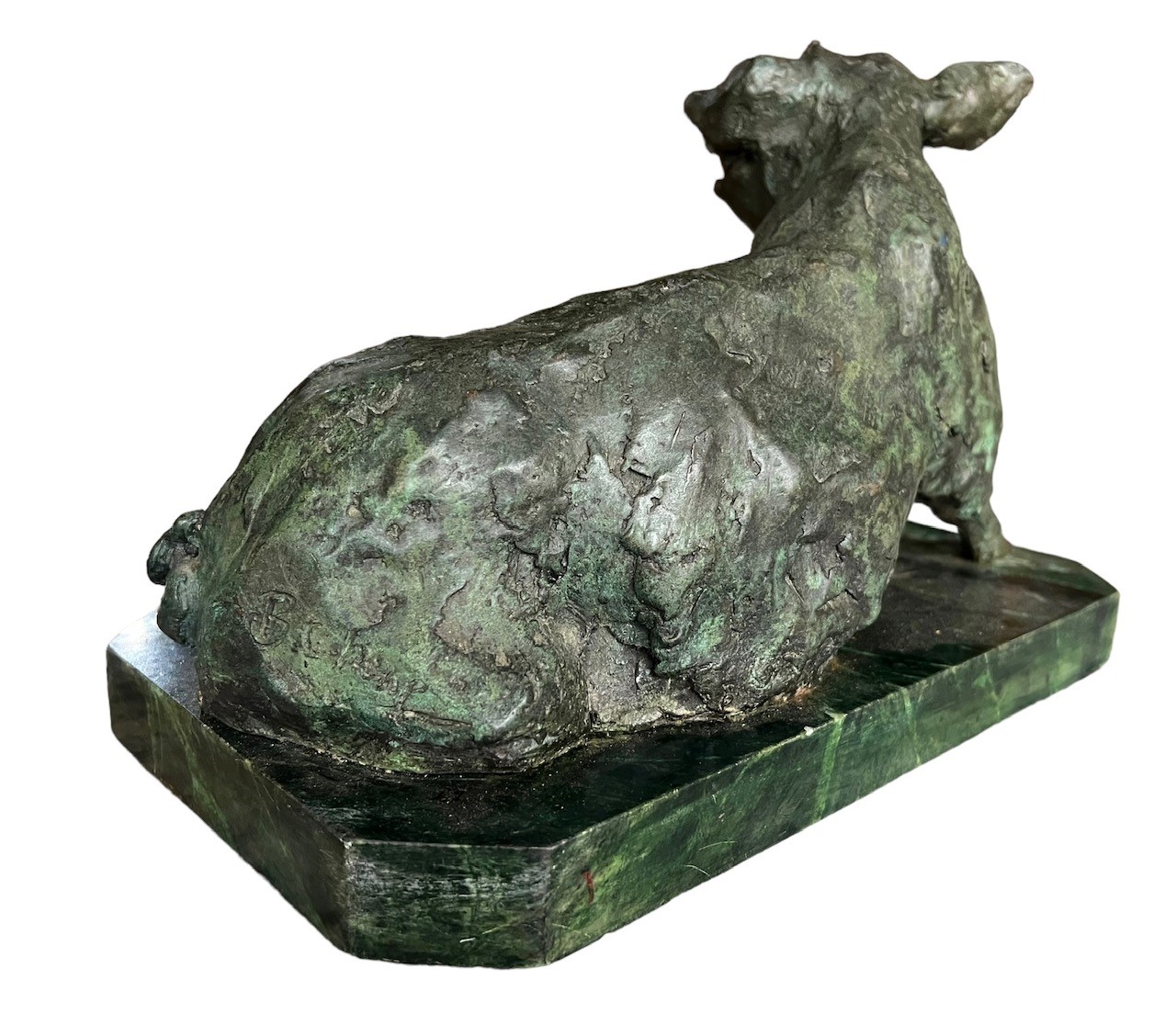 A DECORATIVE 20TH CENTURY BRONZE SCULPTURE OF A SEATED PIG Raised on a marble plinth base, - Image 5 of 8