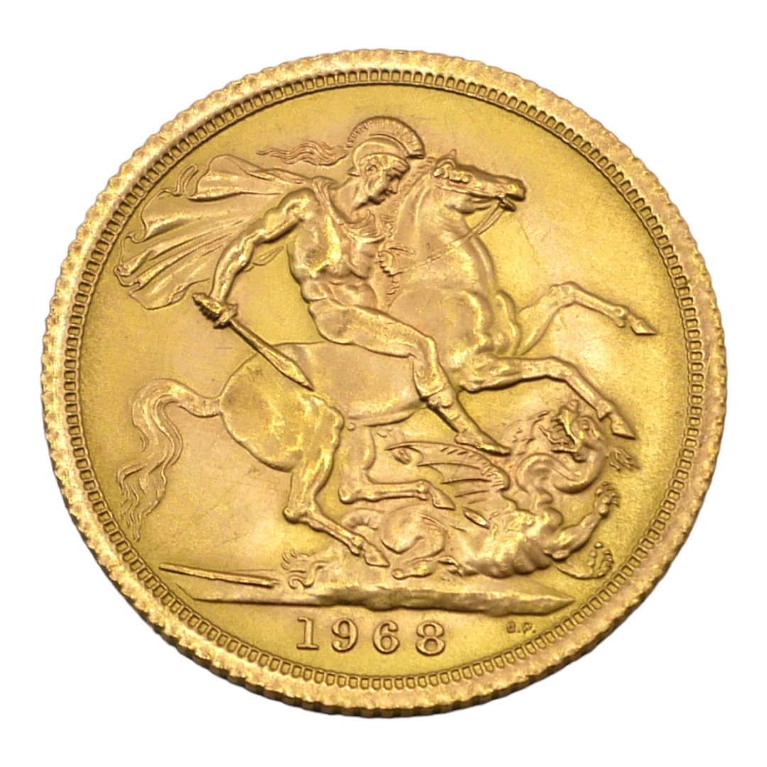 A 22CT GOLD ELIZABETH II FULL SOVEREIGN, DATED 1968. (diameter 22mm, 8g)